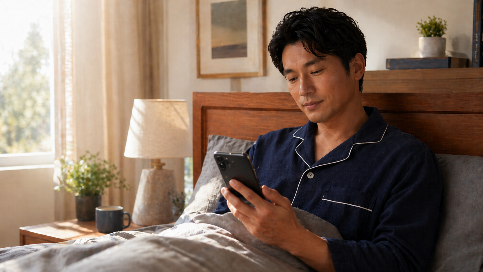 朝にリラックスしながらスマートフォンを確認するシーン