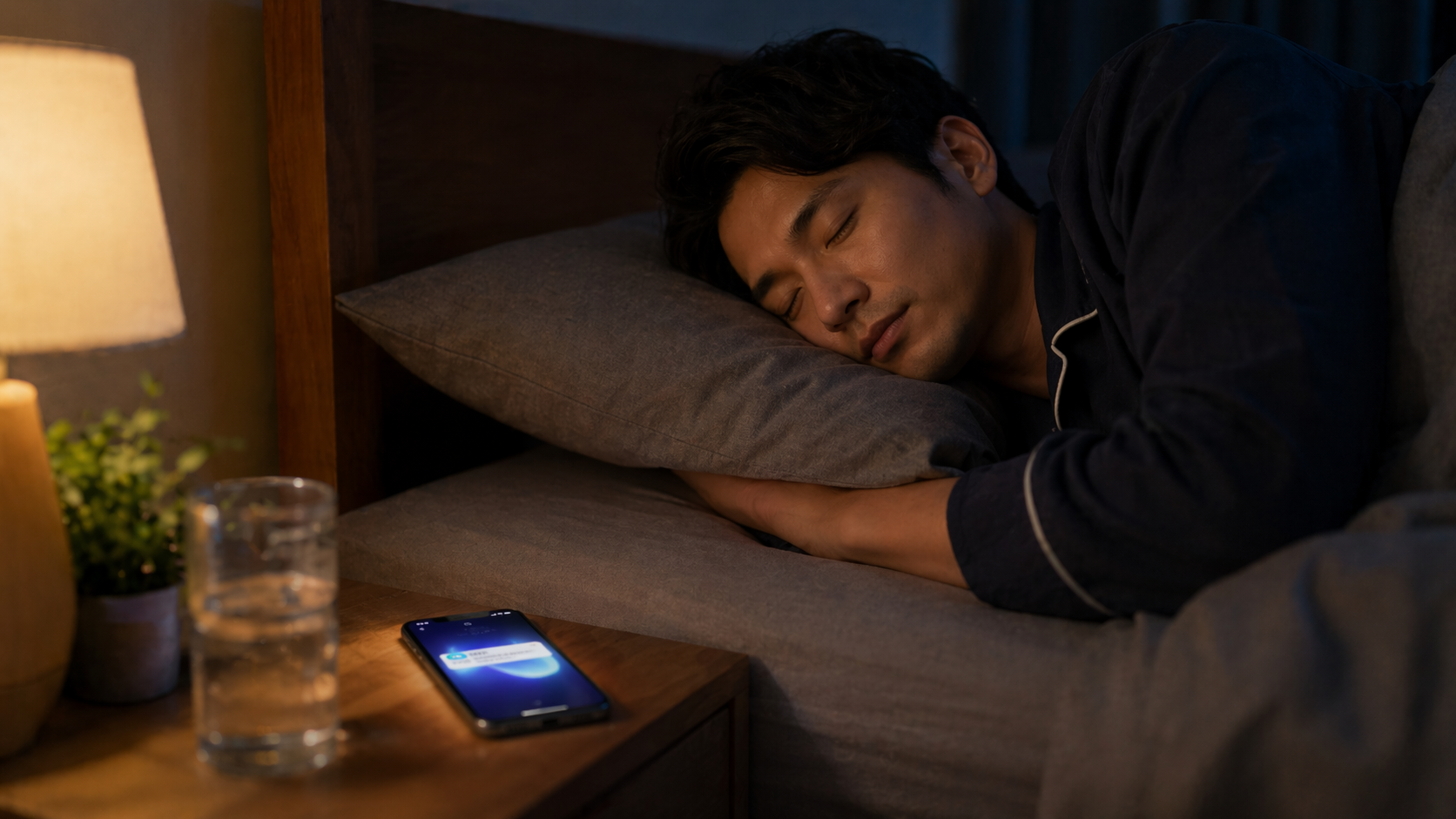 就寝中に通知が届いているが本人は眠っているシーン